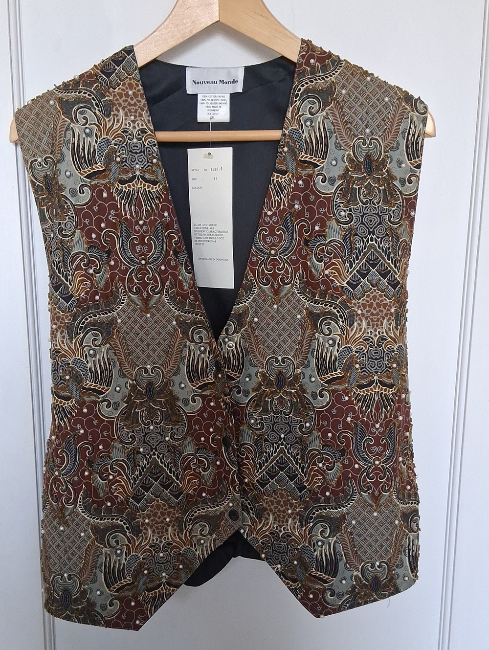 Nouveau Monde Multicolor Beaded & Embroidered Snap Front Tie Back Vest Xl